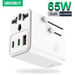 Cargadores Ubigbuy Adaptador de viaje universal, 65W GaN Charger con los enchufes de UEK EU AU US, 2USBC PD y USBA QC3.0 para computadoras portátiles Teléfonos