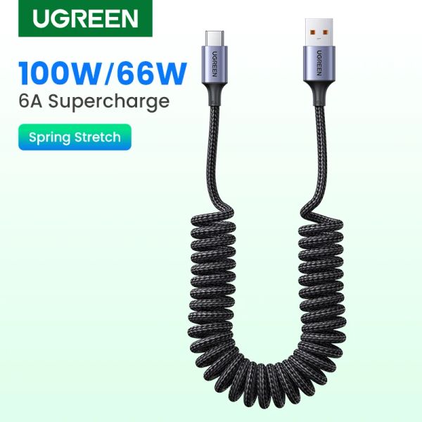 Cargadores Ugreen 6A 100W USB USB Tipo C Cable para Huawei Honor Xiaomi 100W/66W Pulga de primavera Telescópico Cargador de carga rápida Cable USB Cable