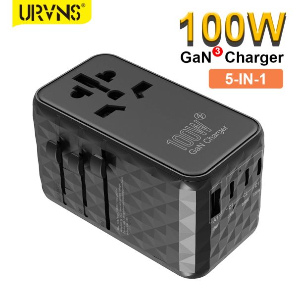 Chargers URVNS 100W Adaptador de viaje universal GaN Fast Charger EU Au US UK Plug Worldwide 3 USBC, 1 USBA para computadoras portátiles Teléfonos ipad