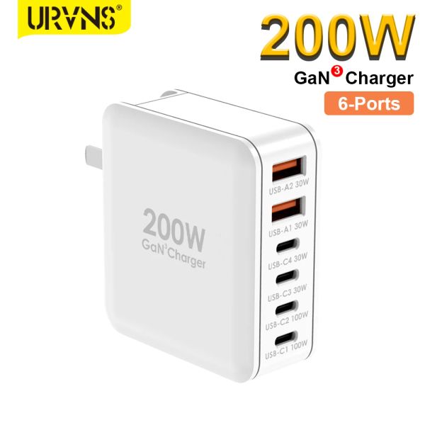 Chargers URVNS 200W USB C Fast Charger, 6 Ports GaN PD100W Bloque de carga de laptop para MacBook Pro/Air iPad Pro/Air iPhone 15/14 Vapor cubierta de vapor