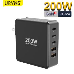 Chargers Urvns 200W USB C Charger mural, 5port Gan2 Pro Fast Charging Station PPS PD 100W 65W Adaptateur d'alimentation pour les ordinateurs portables Smartphone