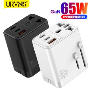 Chargers Urvns 65W Gan Travel Plug Adaptateur avec 2USBC PD et 1USBA Worldwide Universal Charger UK EU AU US Converter pour les téléphones portables