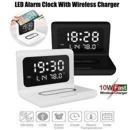 Laders Wireless Charger Charging Pad met LED Digital Alarm Mirror Clock 12/24H Temperatuurdatum 10W Snel opladen voor iPhone 12 Telefoon