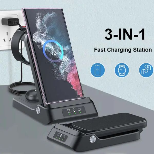 Chargers Chargeur Wireless Charger pour Samsung Galaxy Watch 6 5 4 3 IN 1 Station de charge de pliage du chargeur sans fil rapide pour Samsung Galaxy S23 / S22