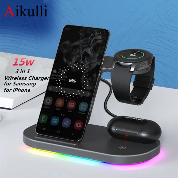 Chargers Wireless Charger Stand 3 in 1 pour Samsung Galaxy S23 S22 Ultra S21 S20 S10 Fast Wireless Charging Watch 4 3 Active 2 Buds Pro