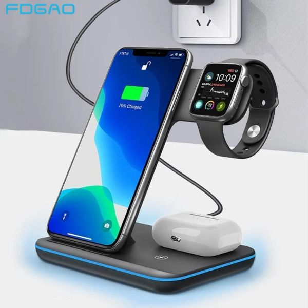 Cargadores Estación de carga inalámbrica 3 en 1 15W Dock Fast Charger Stand para Apple Watch 8 7 6 5 4 AirPods Pro iPhone 15 14 13 12 11 XS XR 8