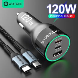 Chargers Wotobe USB C Car Charger 120W, QC5 PD 100W PPS 65W45W 30W QC3.0 18W voor MI12 Matebook Typec Laptop MacBook iPhone 14 Galaxy S22