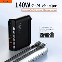 Chargers Xkut 140W Gan USB Charger 3 USB C + 3 USB A Puertos, 100W PD3.0 QC3.0 PPS AFC Charger Quick Charger para MacBook Laptop iPhone iPad Samsung