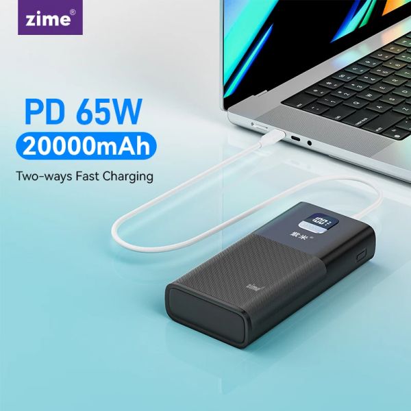 Chargers ZIME 65W Power Bank 20000mAh USB C PD CARGA POWERBANK PowerBank Cargador portátil Portable para laptop iPhone Xiaomi Samsung