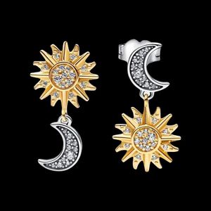 Charme 100% 925 Sterling Sier Sparkling Céleste Golden Sun Moon Boucles d'oreilles pour femmes Bijoux de fête de mariage Cadeau d'anniversaire parfait Drop Otruf