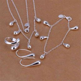 Charme 100% 925 Sterling Silver Gouttelettes D'eau Bracelet Collier Boucles D'oreilles Bague Ensemble de Bijoux pour Femmes Mode Fête Cadeau De Noël