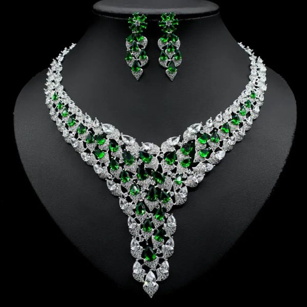 Charme 2020 Couleur en or blanc Green Cz Stone Mariage Collier Boucles d'oreilles