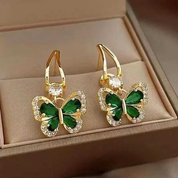 Charme 925 Silver Needle Vintage Green Crystal Butterfly Drop Earrings For Women Jewelry Nouveau tendance Luxury Zircon Femmes Oreilles Y240423
