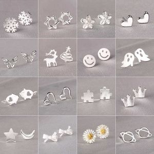 Charme 925 aiguilles en argent belle mini boucles d'oreilles femmes mignon coeur étoile lune marguerite noël noël papillon oreille goujons G230307