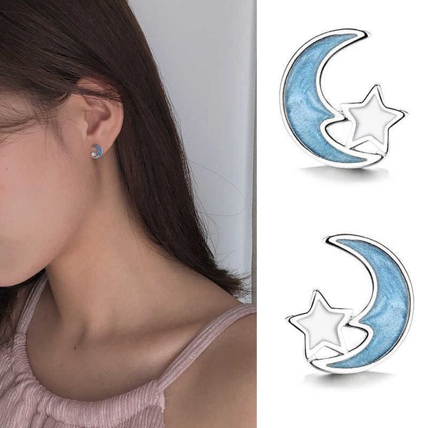 Pendientes de plata de ley 925 con forma de estrella azul y Luna para mujer, regalo de boda, pendientes para mujer de moda, aretes de mujer eh826 AA230327