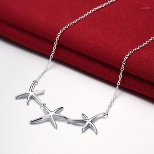 Collares de plata de ley 925 con dijes, joyería de 18 pulgadas, estrella de mar, tres estrellas, collar de moda para mujeres, cadenas de regalos de Navidad