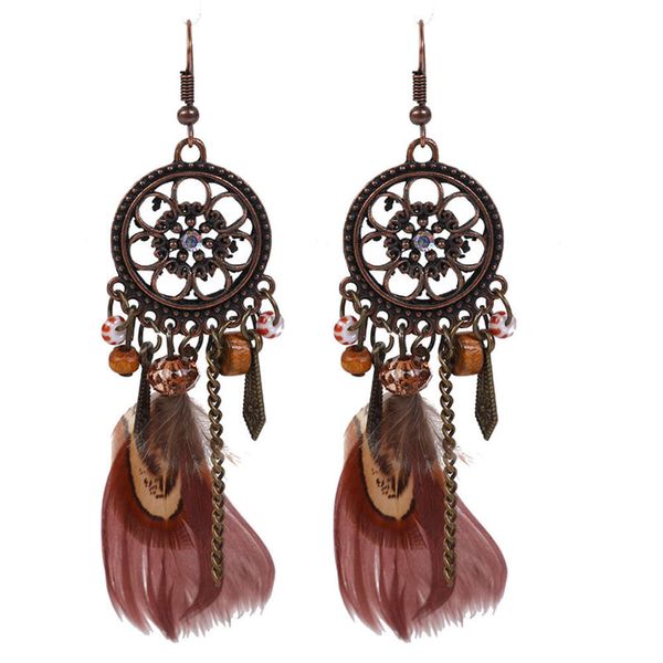 Charme Antique Bronze Dot Diamond Big Warehouse Boucles d'oreilles de plumes flottantes de style ethnique