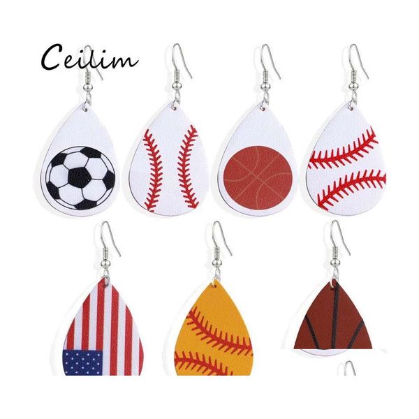 Encanto Llegada Lágrima PU Pendientes de cuero Béisbol Baloncesto Fútbol Voleibol Deporte Cuelga Pendiente para mujeres Joyería Regalos Gota DHFZG