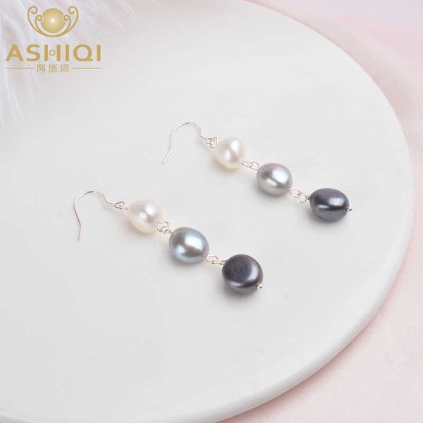 Charm ASHIQI Perla barroca natural 925 Pendientes largos de plata esterlina para mujer Perla de agua dulce negra Pendiente de gota hecho a mano Regalo de fiesta Z0323