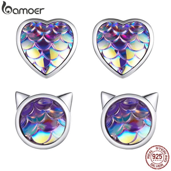 Charm Bamoer nueva moda Sterling Sier escamas de pescado pendientes de corazón para mujer escamas de pescado pendientes de oreja de gato regalo de fiesta, joyería fina