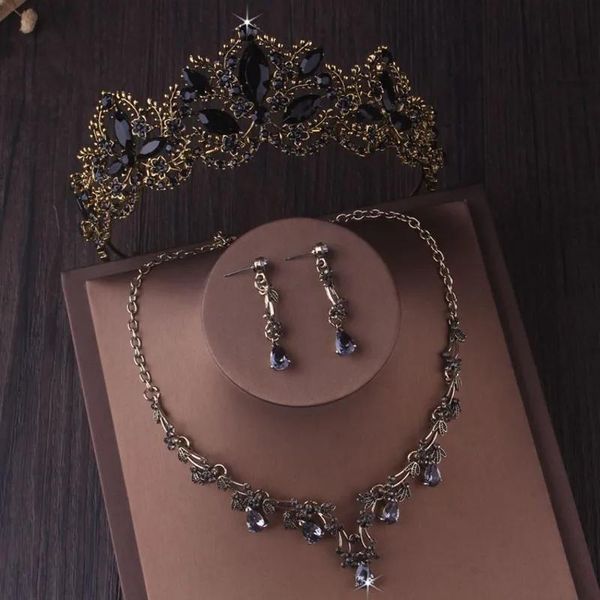Encanto barroco retro bronce negro cristal conjuntos de joyas nupciales Rhinestone Tiara corona pendientes gargantilla collar boda Dubai conjunto de joyas