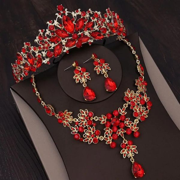 Encanto barroco vintage rojo cristal joyería nupcial del pelo para la boda tiaras y coronas con collar pendientes conjuntos princesa reina diademas