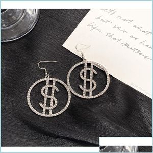 Charm Bling Rhinestone Dollar Drop para mujer Crystal Circle Dangle Earrings Gold Hook Money Pendant Brincos Joyería de moda 377 Otn8T