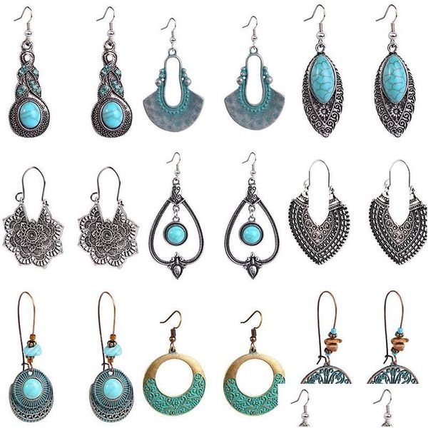 Charme Boho Femme Turquoise Oreilles Antique Gypsy Indian Tribal Ethnic Cerce