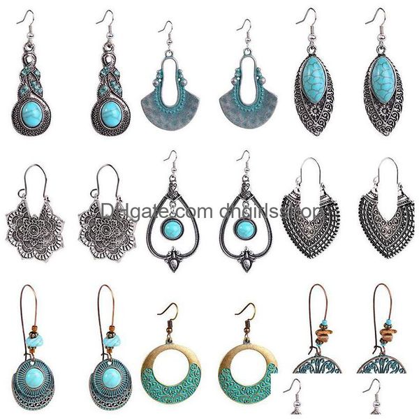 Boucles d'oreilles à breloques Boho pour Femme, Turquoise, Antique, gitane, indien, Tribal, ethnique, cerceau, Mandala, livraison directe, bijoux Dhr85