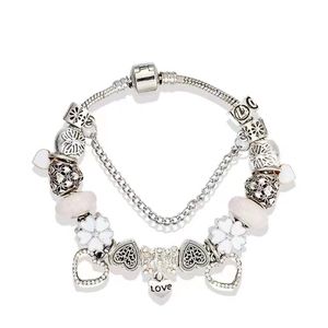 Bracelet à breloques coeur diamant perles charmes amour pendentif fit pour 925 argent serpent chaîne bricolage accessoires bracelet avec sac en nylon ou boîte comme cadeau