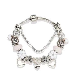Bracelet à breloques en forme de cœur, perles de diamant, pendentif d'amour, adapté à la chaîne serpent en argent 925, accessoires de bricolage, bracelet avec sac en nylon ou boîte2091