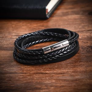 Bracelet à breloques en cuir tressé pour hommes, multicouches, corde en acier inoxydable, fermoir magnétique, Punk avec un sac en velours