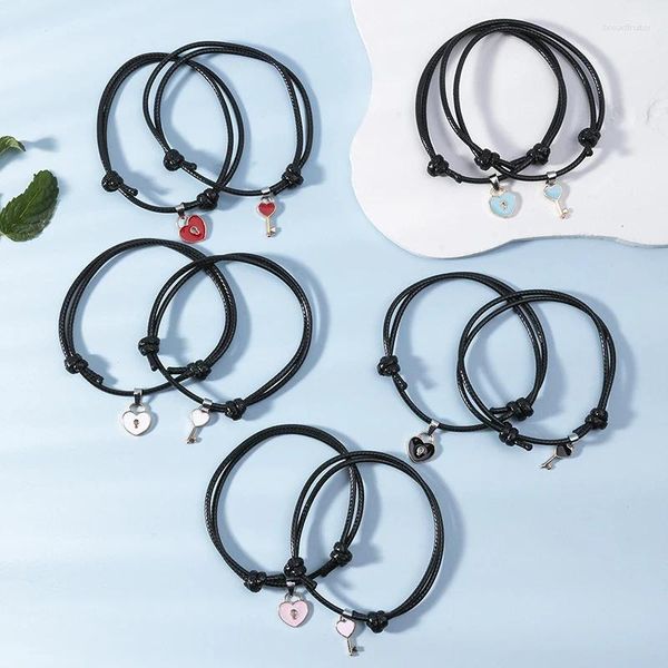 Pulseras de encanto 1 par Conjunto de pulsera de pareja para mujeres Corazón Cerradura de llave Línea de cera Cuerda Muñeca Ajustable Amigo Regalo de joyería