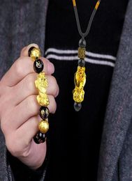 Bracelets de charme 1 ensemble Black Obsidian Stone Beads Bracelet Collier richesse Bonne chance Bijoux Gift For Birthday Year4067220