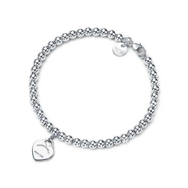 Pulseras con dijes 100 Tiff 925 Plata 4 mm Cuentas redondas Amor Pulsera en forma de corazón Revestimiento inferior engrosado para novia Regalo de recuerdo Fash H GQ UUJ4