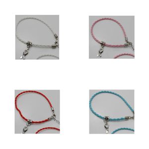 Bedelarmbanden 100 stks / partij hoop borstkanker bewustzijn lint charme hanger lederen touw cham armband geschikt voor Europese handgemaakte Craf Dhmxc