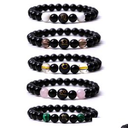 Charm Armbanden 10Mm 12 Sterrenbeeld Sterrenbeeld Verjaardag Kraal Armband 8Mm Zwarte Steen Budhha Vriendschap Sieraden Vrouwen Mannen drop Deli Dhpya