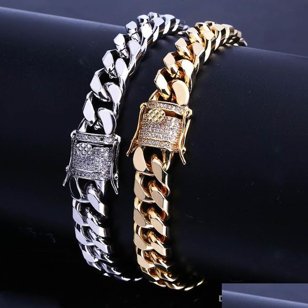 Bracelets de charme 10 mm Miami Cuban Link Iced Out Gold Sier Hip Hop Bling Chains Bijoux Bracelet Drop Livraison DHGW8