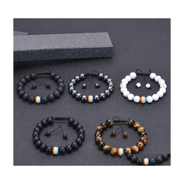 Bracelets de charme 10mm Bracelet de perles de pierre naturelle arc-en-ciel LGBT Relation Couples Tiger Eye Lava Rock Yoga Perles réglable Drop Dh5Ko