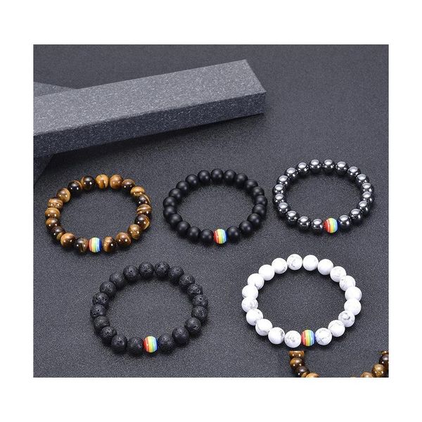 Bracelets De Charme 10Mm Bracelet De Perles En Pierre Naturelle Arc-En-Lgbt Relation Couples Tiger Eye Lava Yoga Perles Réglable Drop Deliv Dh5Tm