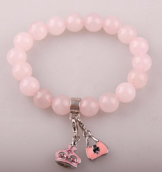 Pulseras de encanto 10 mm Piedra natural de cuarzo rosa con bolsa de dama de esmalte de metal y pulsera de estiramiento de aleación de corona CZ