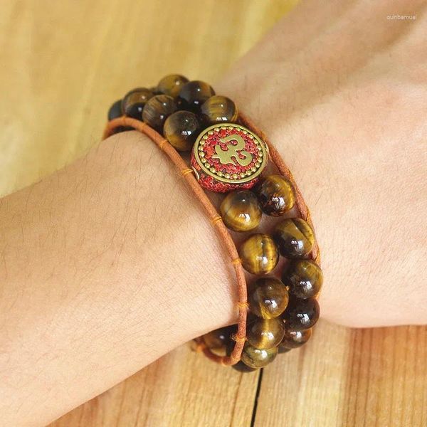 Bracelets de charme 10mm Tiger Eye Stone Perles Bracelet pour hommes Vintage Wrap en cuir Bouddhisme OM Chakra Hommes Bijoux faits à la main