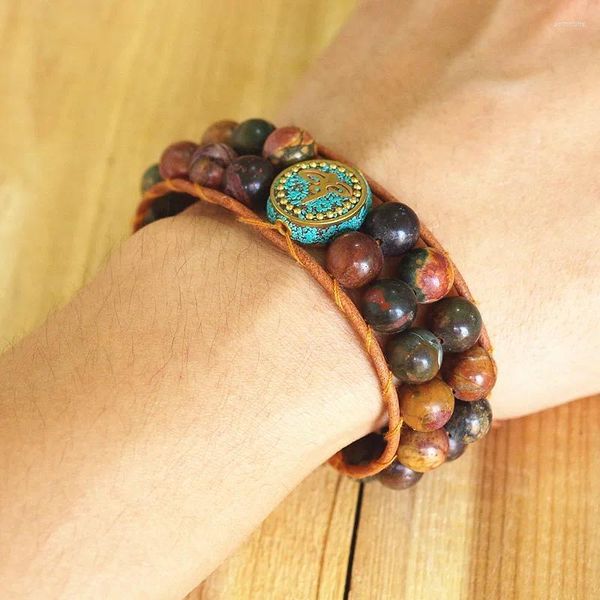 Bracelets de charme 10mm Vintage Bracelet en cuir bouddhisme OM Chakra Picasso perles de pierre hommes bijoux faits à la main