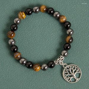 Pulseras con dijes 10 unids 8 mm Ojo de tigres Cuentas de hematita negra Pulsera de cuerda elástica Árbol de la vida Encantos de yoga para mujeres Hombres Joyería al por mayor