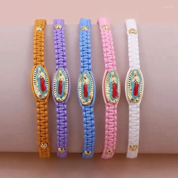 Bracelets de charme 10pcs mode bijoux religieux bracelet design rose bleu violet couleur corde tressée émail vierge marie en gros