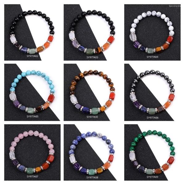 Pulseras de encanto 10 unids Lava 7 Chakra Brazaletes Yoga Balance Beads Buddha Oración Pulsera Elástica Hombres Joyería de Piedra Natural Regalos