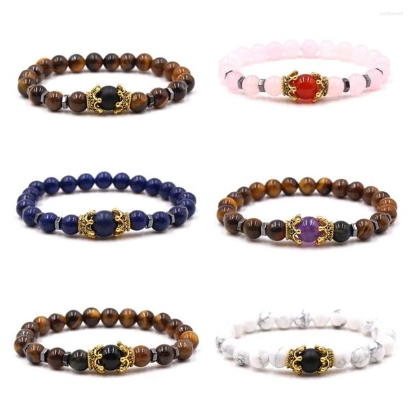 Bracelets de charme 10pcs Perle en pierre naturelle pour hommes Crown Mate Beads Tiger Eye Bijoux faits à la main