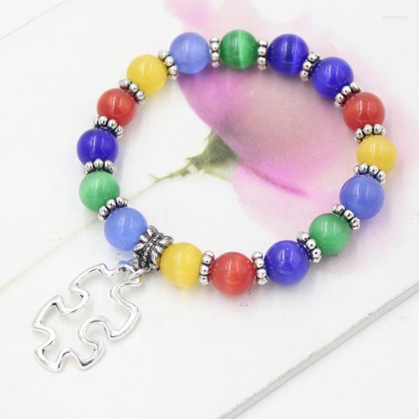 Pulseras con dijes 10pcs Venta al por mayor Puzzle Autismo Pulsera de concientización 10 mm Ópalo con cuentas con joyería Pulser