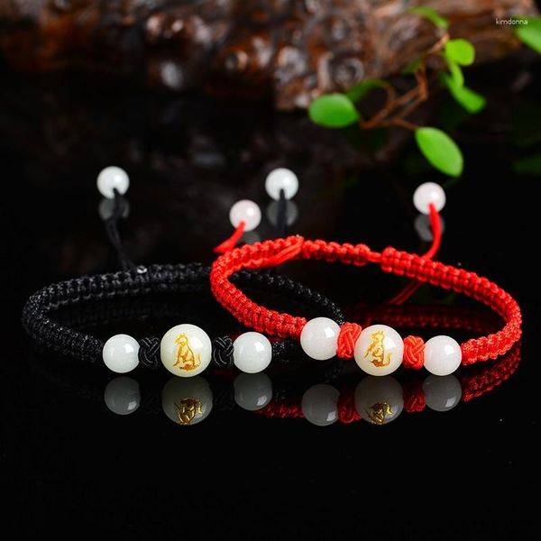 Pulseras con dijes 12 Amante del zodiaco chino Cuerda roja Pulsera de cuentas de piedra luminosa de la suerte Anudada a mano Joyería Regalo Gota