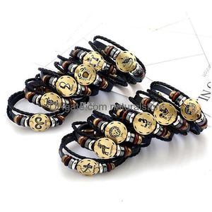 Pulseras con dijes 12 Constell Pulsera de cuero Moneda de bronce Signo del horóscopo Mtilayer Wrap Wommen Mens Bangle Cuff Will And Sandy Fashion Dr Dhm2Z